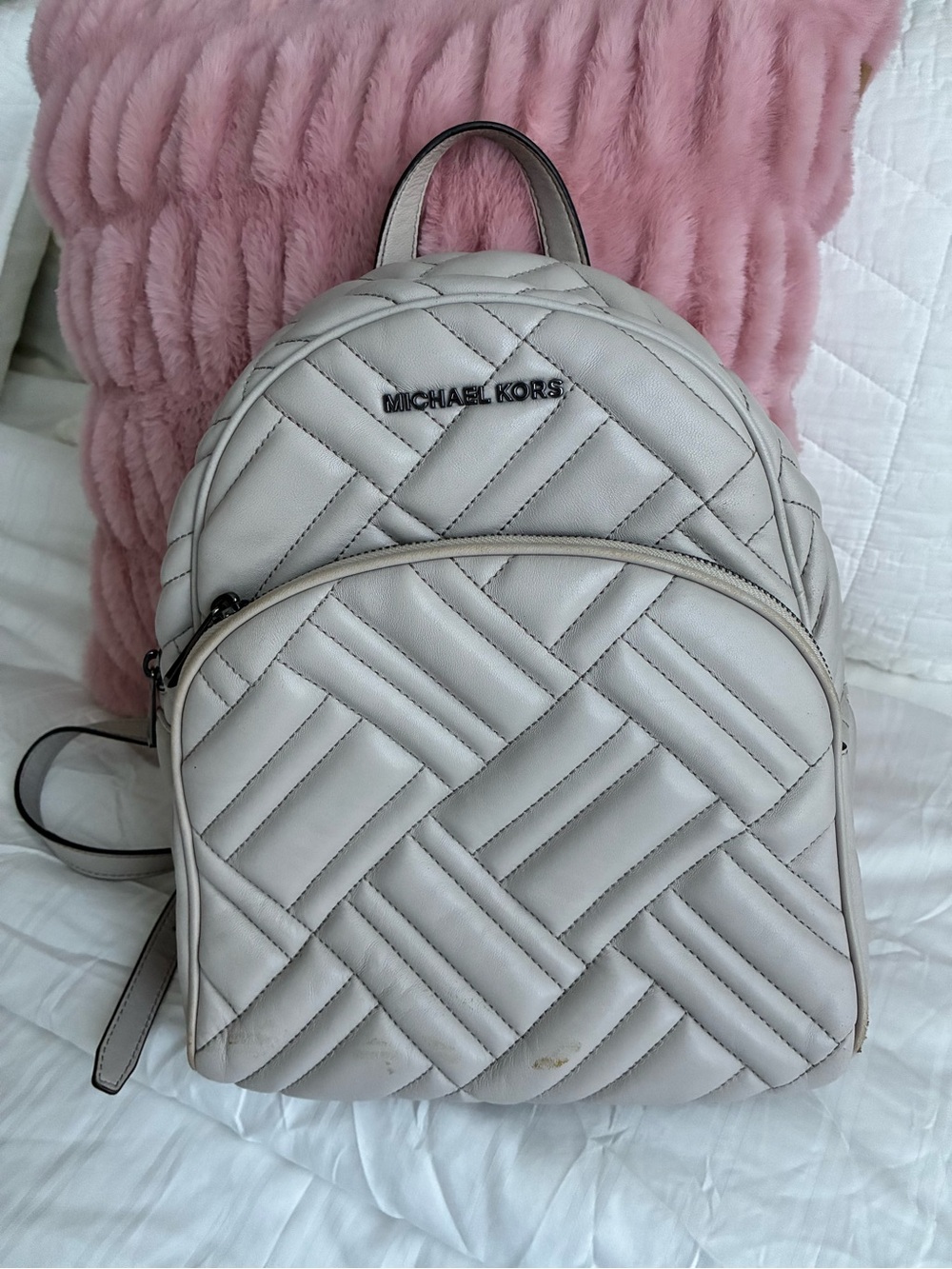 Michael Kors Quilted Leather Mini Backpack in Light Gray